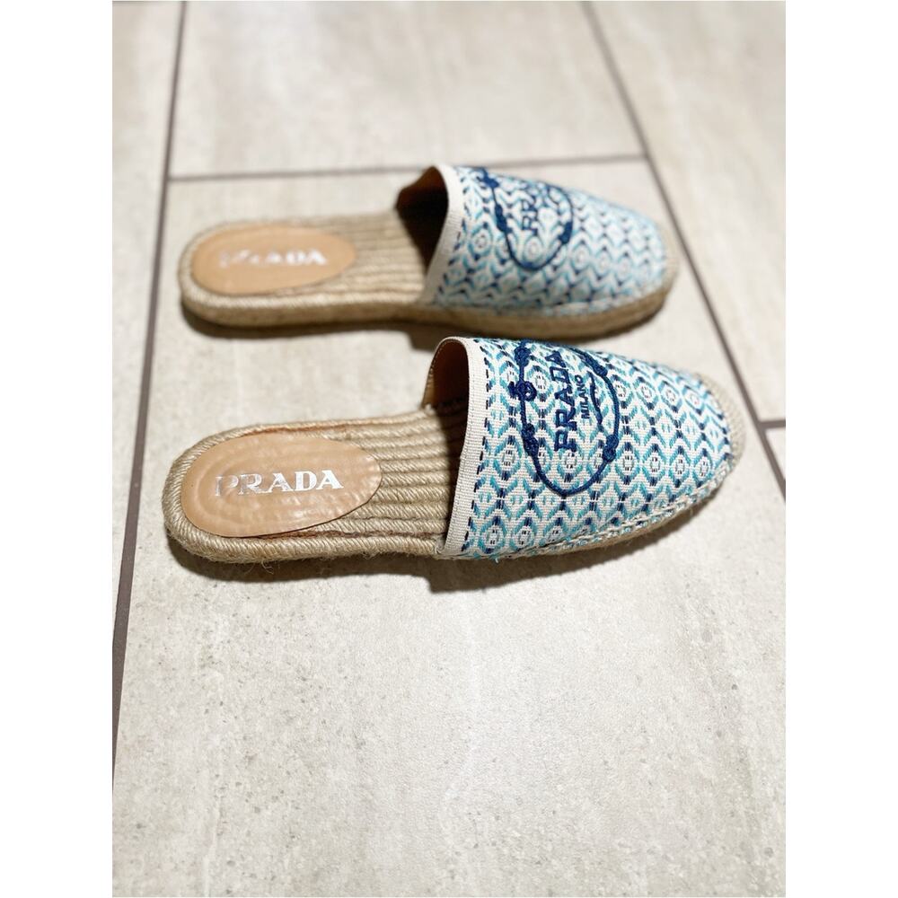 PRADA Nastro Jacquard Embroidered Logo Espadrille Mules Slip On Flats Sz 39 / 9 - Picture 2 of 10